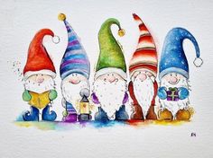 watercolor painting of seven gnomes with presents