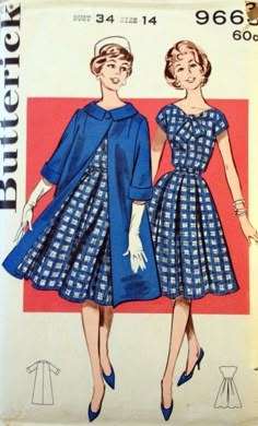 two women's dresses, one in blue and the other in black with white checks