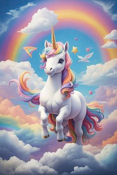 a painting of a unicorn with rainbows in the sky and clouds behind it,