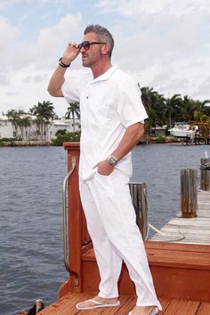 All White Mens Outfit, All White Party Outfits, White Pants Men, Vacation Outfits Men, White Party Outfit, Nautical Shirt, Tie Dye Blue, Mode Abaya, Linen Collection