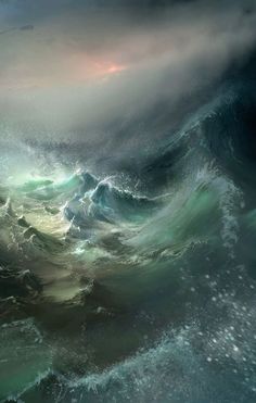 a painting of waves in the ocean under a cloudy sky with light coming from behind