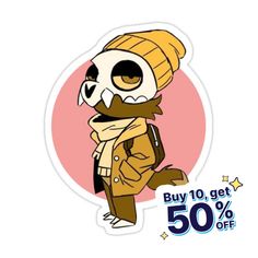 a sticker with an image of a cartoon character wearing a hat and scarf, standing in