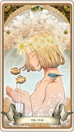 the star tarot card with an image of a woman holding a bird on her shoulder