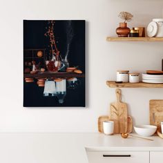 a kitchen with white walls and wooden shelves filled with dishes, cups and utensils