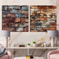 two chairs and a table in front of a wall with brick tiles on it's sides