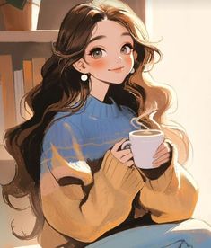 a drawing of a woman holding a coffee cup and looking at the camera with her eyes closed