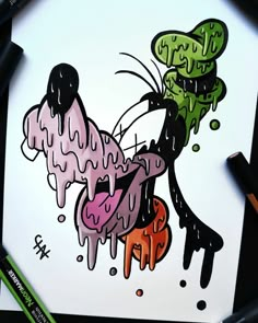 a drawing of a cartoon character with paint splattered on it