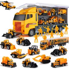 the toy truck is full of construction vehicles