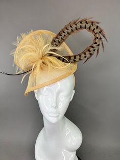 Champagne Gold Fascinator With Pheasant Feather Kentucky Derby Fascinator Hat, Tea Party Hat, Church Hat, Derby Hat, Champagne Gold Hat - Etsy Feathered Mini Hats For Royal Ascot Races, Mini Hats With Feathers For Royal Ascot Races, Royal Ascot Feathered Mini Hats For Races, Royal Ascot Mini Hats With Feathers, Ostrich Feather Mini Hats For Races, Ostrich Feather Mini Hat For Royal Ascot Races, Ostrich Feather Fascinator For Royal Ascot Races, Fitted Ostrich Feather Fascinator For Kentucky Derby, Fitted Feather Trim Fascinator For Kentucky Derby