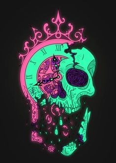 a neon skull with a clock on it's face