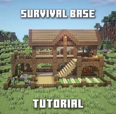 a house made out of wood and grass with the words survival base