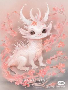 a white dragon with pink flowers on it's head