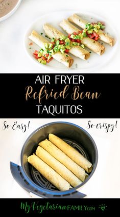 air fryer refried bean taquitass with text overlay that says air fryer refried bean taquitass