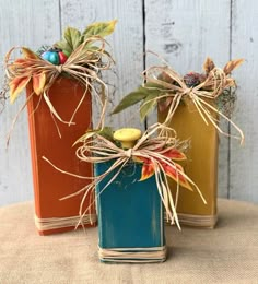 three vases with plants in them sitting on a table