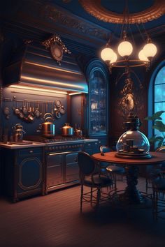 an image of a kitchen setting with blue lighting and gold accents on the walls, along with potted plants