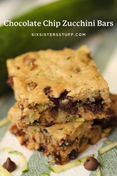 chocolate chip zucchini bars stacked on top of each other with the title overlay