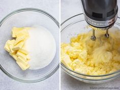 two pictures showing the mixing process for making cheese