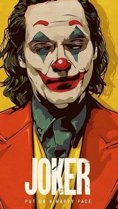 the joker movie poster is shown in red and yellow colors, with an evil clown's face painted on it