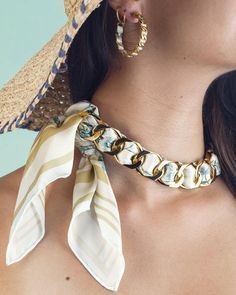 Blending together two opposing elements: silk + metal this necklace brings a pop of color and style to any outfit. ¶ 18k Gold Plated and Silk Mode Tips, Tie Necklace, Scarf Necklace, Accessories Silver, Gift Design, Classy Jewelry, Scarf Tying, How To Wear Scarves, Nyc Fashion