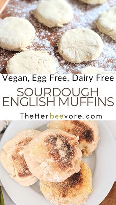 an egg free, dairy free english muffins recipe on a plate with powdered sugar