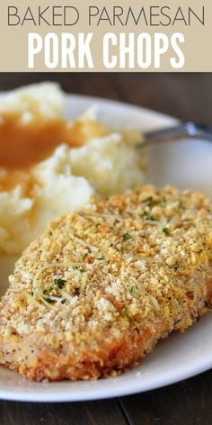 baked parmesan pork chops on a plate with mashed potatoes