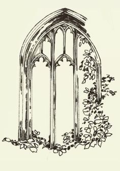 an old drawing of a window with vines growing out of it