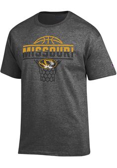 Show off your team pride in this Missouri Tigers Grey Basketball Short Sleeve T Shirt! This Mizzou Tigers Short Sleeve Tee features a team logo and basketball net screen printed on front chest. Make sure everyone knows you root for the Tigers with this Grey Mizzou Tigers T Shirt. Mizzou Rah! Screen printed graphic on chest, Tag-free heat transfer neck label, Double-needle stitched hemmed sleeves and bottom, Athletic Fit, Set-in neck rib, Shoulder-to-shoulder taping, C logo on left sleeve, Preshr Team Shirt Designs, Basketball Tricks, Basketball T Shirt Designs, Basketball Shooting, Basketball Workouts, Basketball Drills, Missouri Tigers