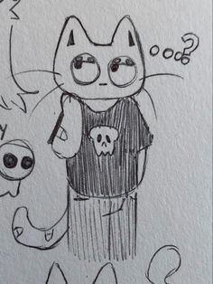 a drawing of a cat holding a skull and wearing a t - shirt with skulls on it