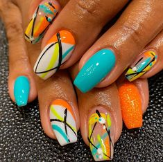 @studiossixty12 posted on their Instagram profile • 5,823 people follow them. Coffin Style Nails Spring, Wild Nail Designs Fun, Tabitha Brown Nails, Summer Fun Nails Designs, Cute Neon Nail Ideas, African Nail Art Design, Abstract Nail Art Designs, Hot Summer Nails, Do It Yourself Nails