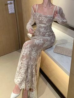 KYLETHOMASW - Sexy Women Elegant Bodycon Slim Lace Dress Vintage Casual Backless Bandage Party Dress Female Fashion Long Robe Clothes Spring Size Chart S: Bust 74cm, Waist 58cm, Shoulder 28cm, Length 138cm，Hip 76cm M: Bust 78cm, Waist 62cm, Shoulder 29cm, Length 139cm, Hip 80cm L: Bust 82cm, Waist 66cm, Shoulder 30cm, Length 140cm, Hip 84cm XL: Bust 86cm, Waist 70cm, Shoulder 31cm, Length 141cm, Hip 88cm Party Wear For Women, White Lace Wedding Dress, Clothes Spring, Party Mode, Lace Wedding Dress Vintage, Lace Dress Vintage, Lace Bodycon, Lace Bodycon Dress, Lace Mermaid Wedding Dress