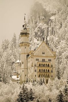 an old castle is surrounded by snow covered trees