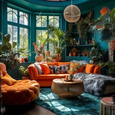 a living room filled with lots of plants and furniture