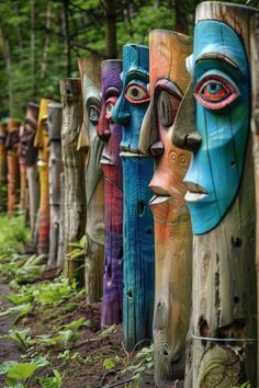 many colorful wooden faces are lined up in the woods