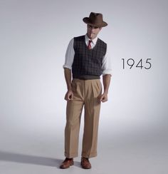 Pin for Later: Watch 100 Years of Men's Fashion in Under 3 Minutes 1945 40s Men Fashion, 1945 Fashion, 1940s Mens Fashion, 40s Outfits, Decades Fashion, 1940s Outfits, 1950s Mens, Vintage Mens Fashion, 40s Fashion