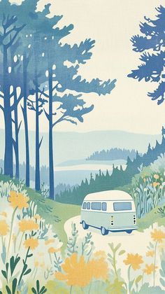 an image of a van driving down the road in front of some trees and flowers