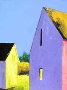 an oil painting of two houses on a sunny day