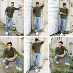 four photos of a man leaning against a wall