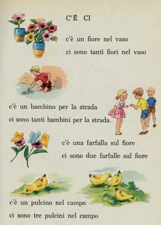 an old spanish book with pictures of children and flowers