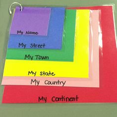 four different colored sticky notes with the words my name, my street, my town and my state