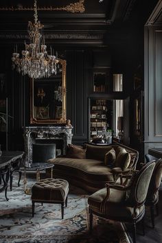 a living room filled with furniture and a chandelier