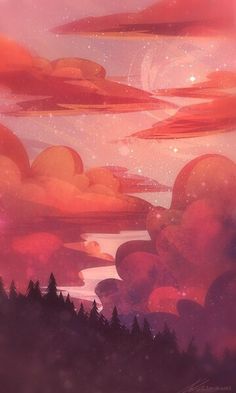 the sky is filled with pink clouds and stars above some trees in front of an orange sunset