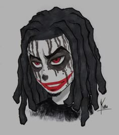 a drawing of a clown with red eyes and dreadlocks