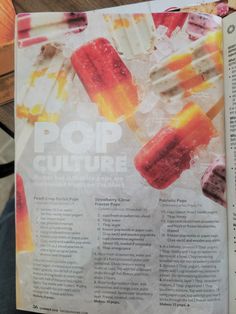 an advertisement for pops culture with various popss on ice and candy sticks in the background