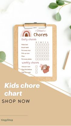 a clipboard with the words chore's daily chores on it next to a plant