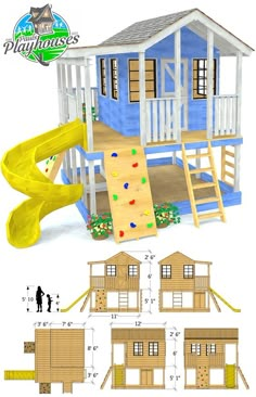 a blue house with a yellow slide and some plans to build it in the yard