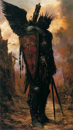 a painting of a man in armor with wings on his back