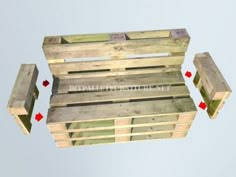 a wooden pallet with three pieces cut out to show the top and bottom part