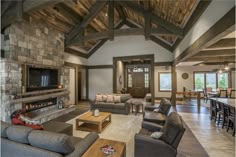 a living room filled with furniture and a fire place in the middle of a room