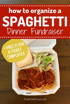 a lunch box with spaghetti, meatballs and salad in it that says how to organize a spaghetti fundraiser