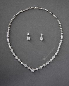 CZ Tennis Necklace and Earring Set White Gold Set Jewelry, Bride Tennis Necklace, Silver Diamond Necklace Set, Diamond Necklace Earring Set, Luxury Tennis Necklace With Diamond Accents For Weddings, Diamond Stone Necklace, Silver Earrings And Necklace Set, Silver Necklace And Earring Set, Silver Jewellery For Prom